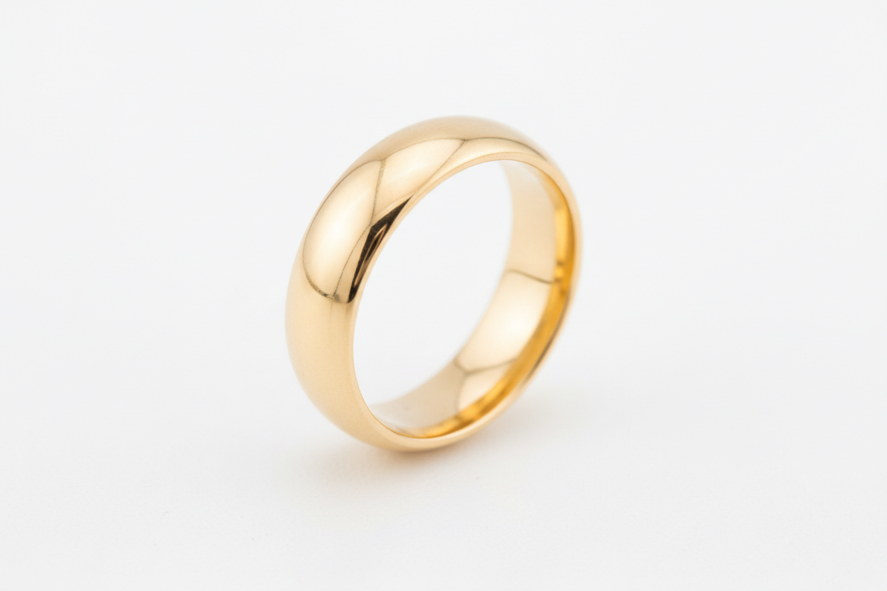 Classic 18K gold stainless steel band ring on white surface, clean professional product photography
