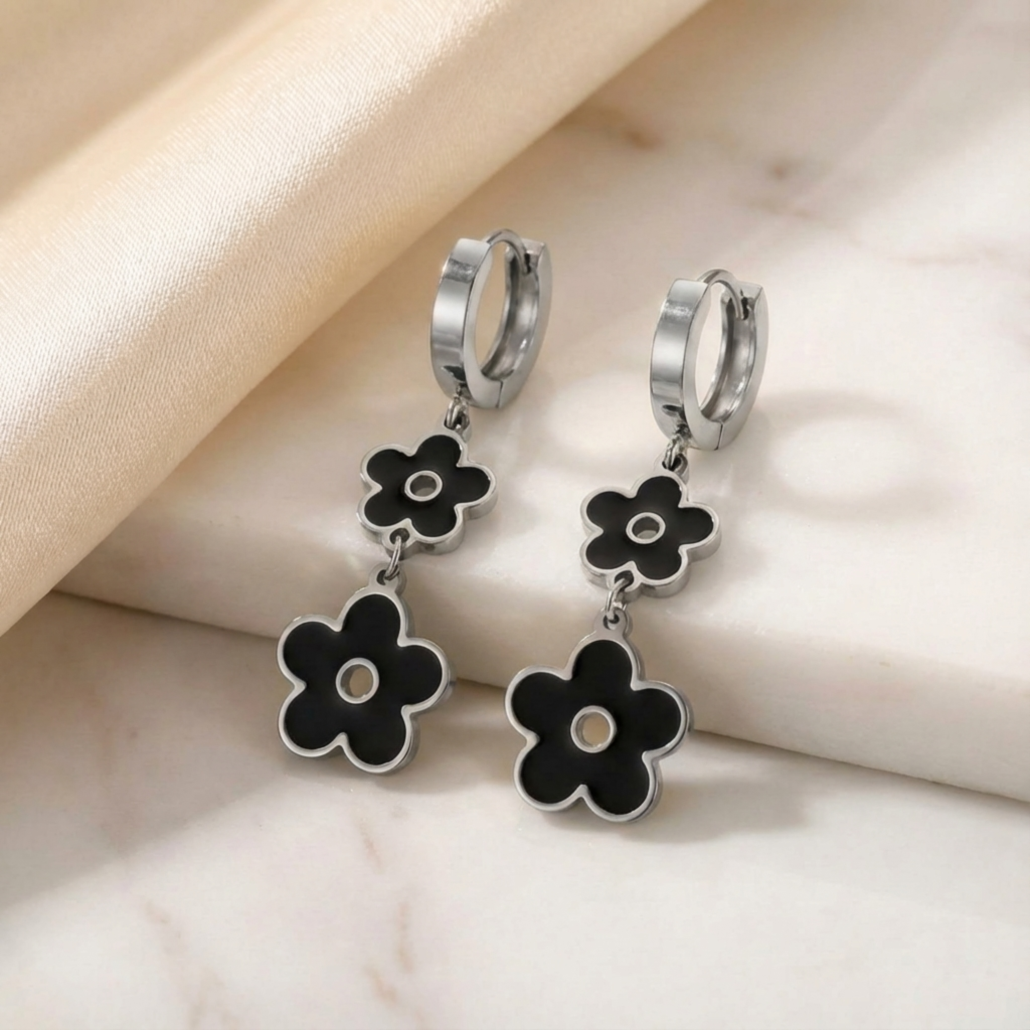 The "Midnight Bloom" Black Enamel & Silver Drop Earrings