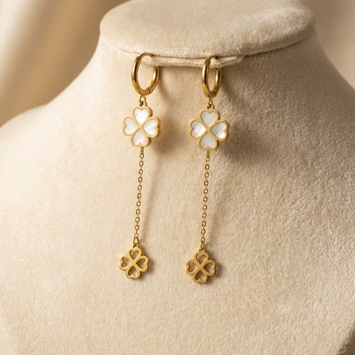 Double Fortune Drop Earrings – Golden Stainless Steel & Mother-of-Pearl Style
