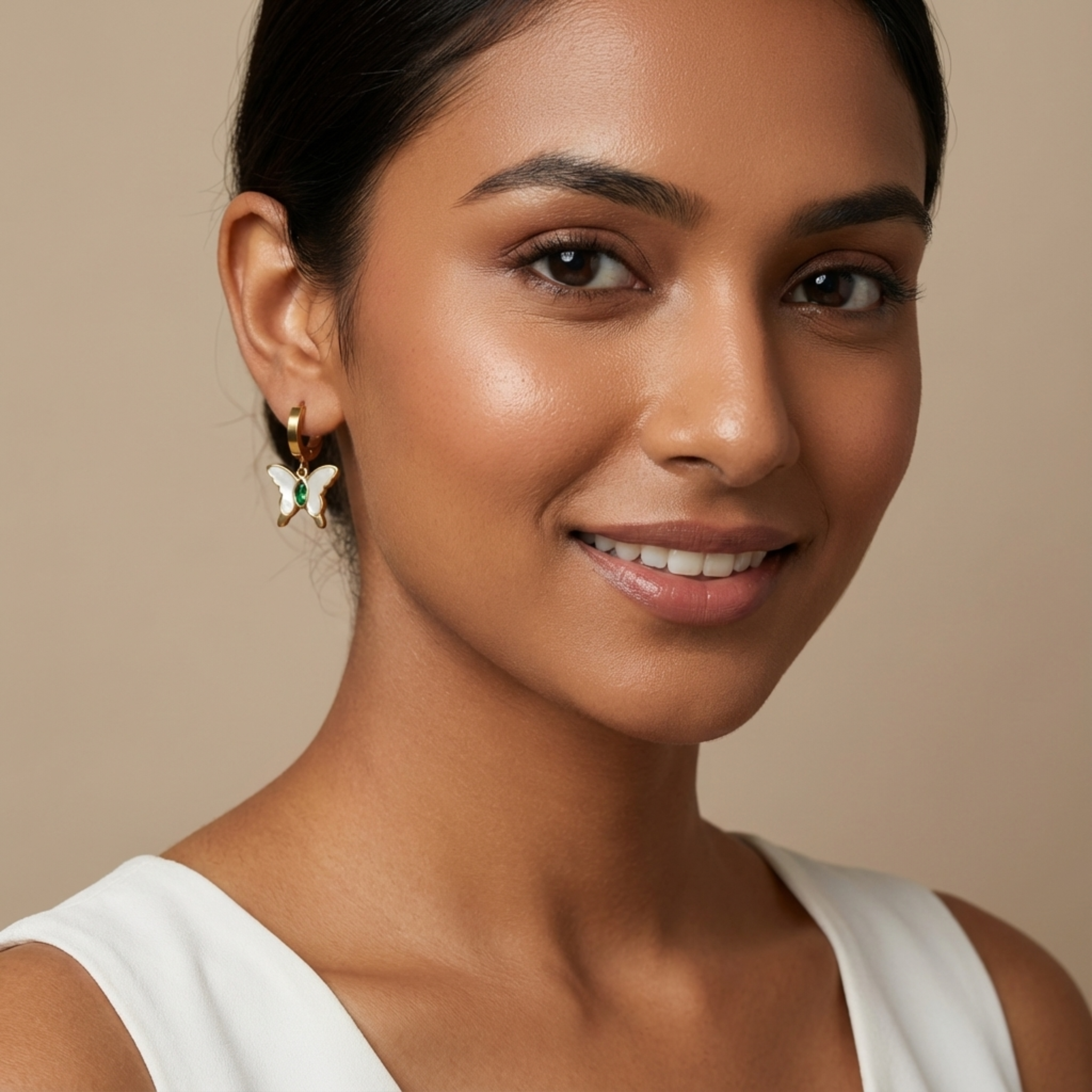 Metamorphosis Butterfly Huggies – Emerald Green & Mother-of-Pearl Gold Earrings