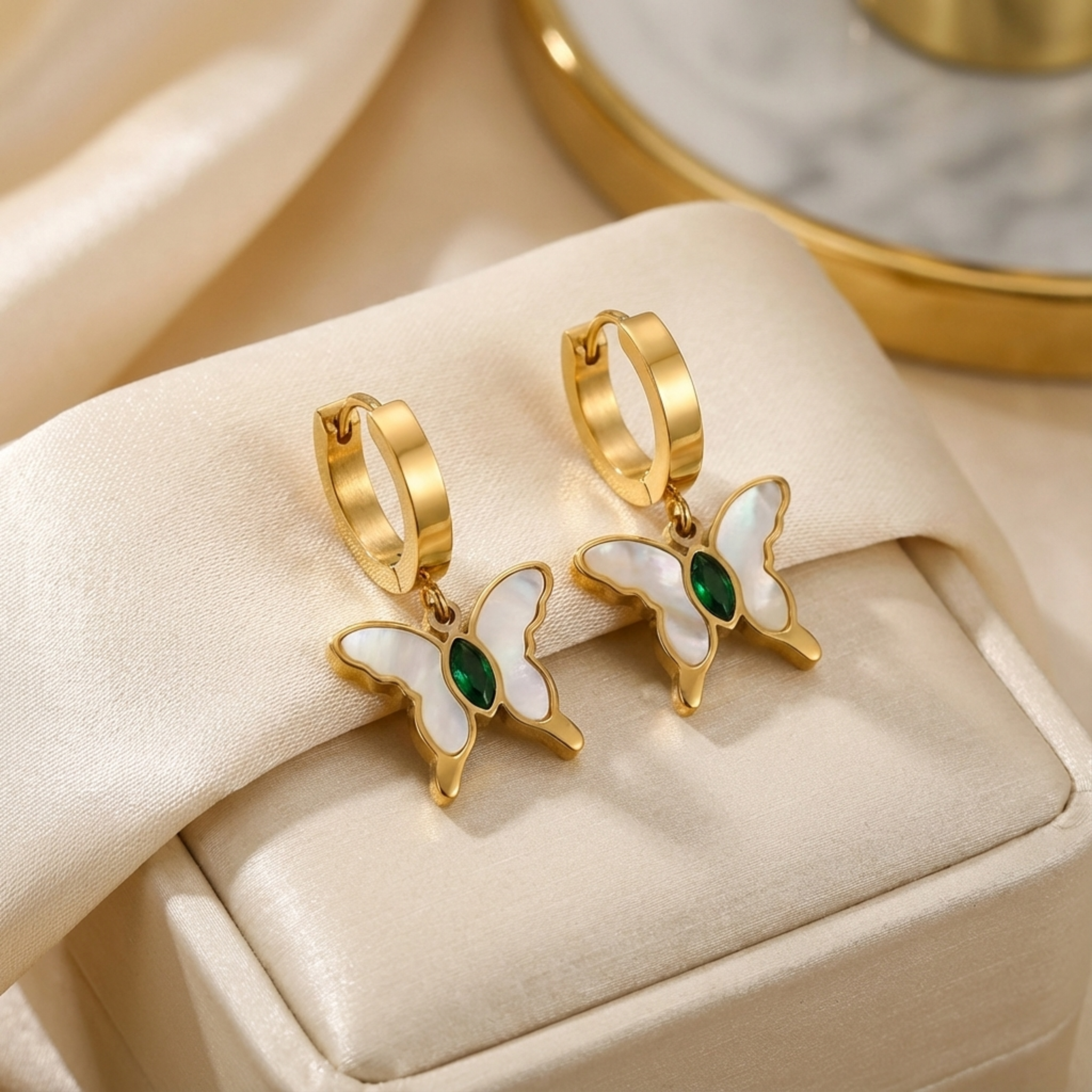 Metamorphosis Butterfly Huggies – Emerald Green & Mother-of-Pearl Gold Earrings