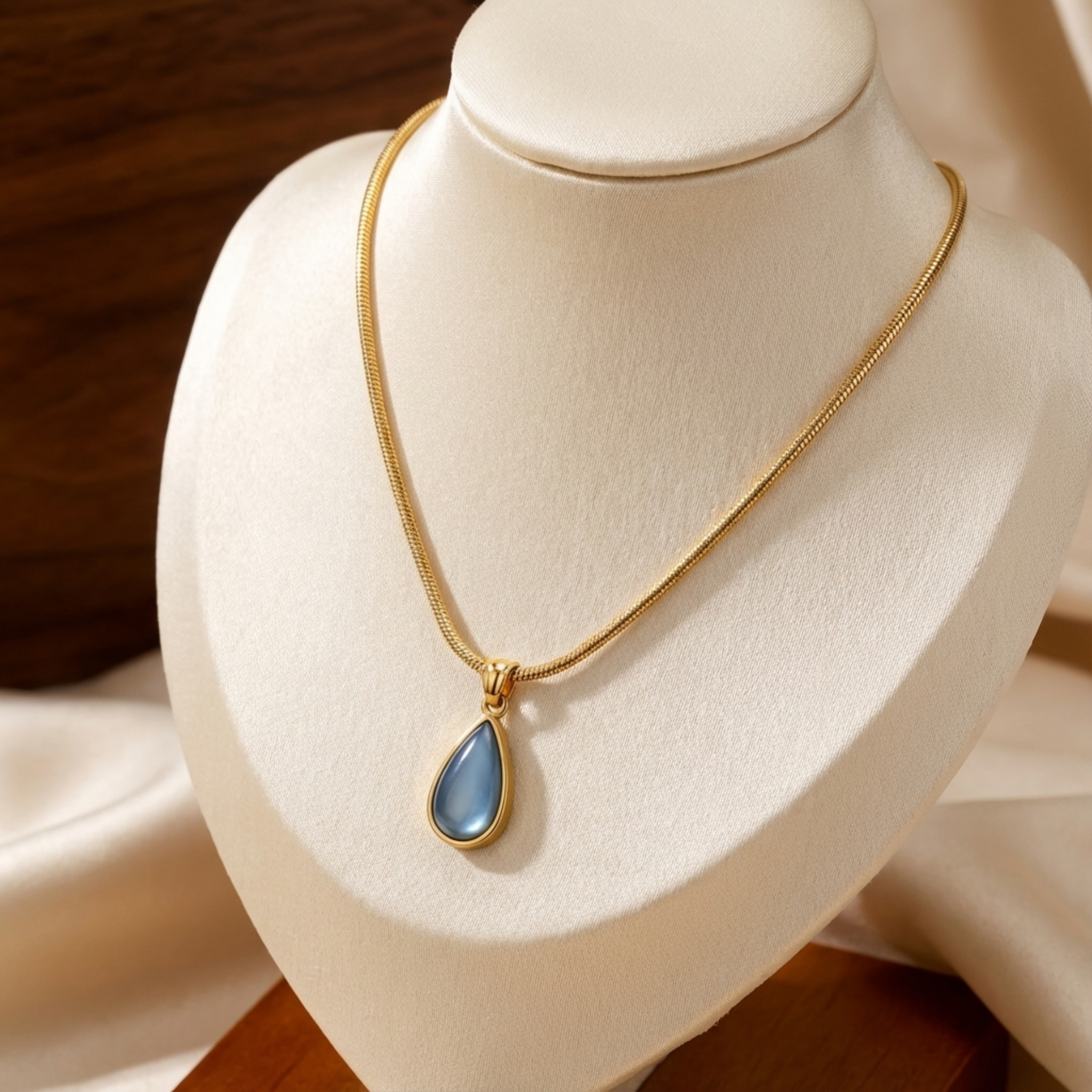 Oceanic Tear Pendant Necklace – Gold Stainless Steel & Blue Cat's Eye Stone