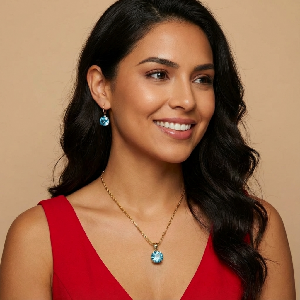 Cerulean Crown Jewelry Set – Golden Necklace & Matching Earrings