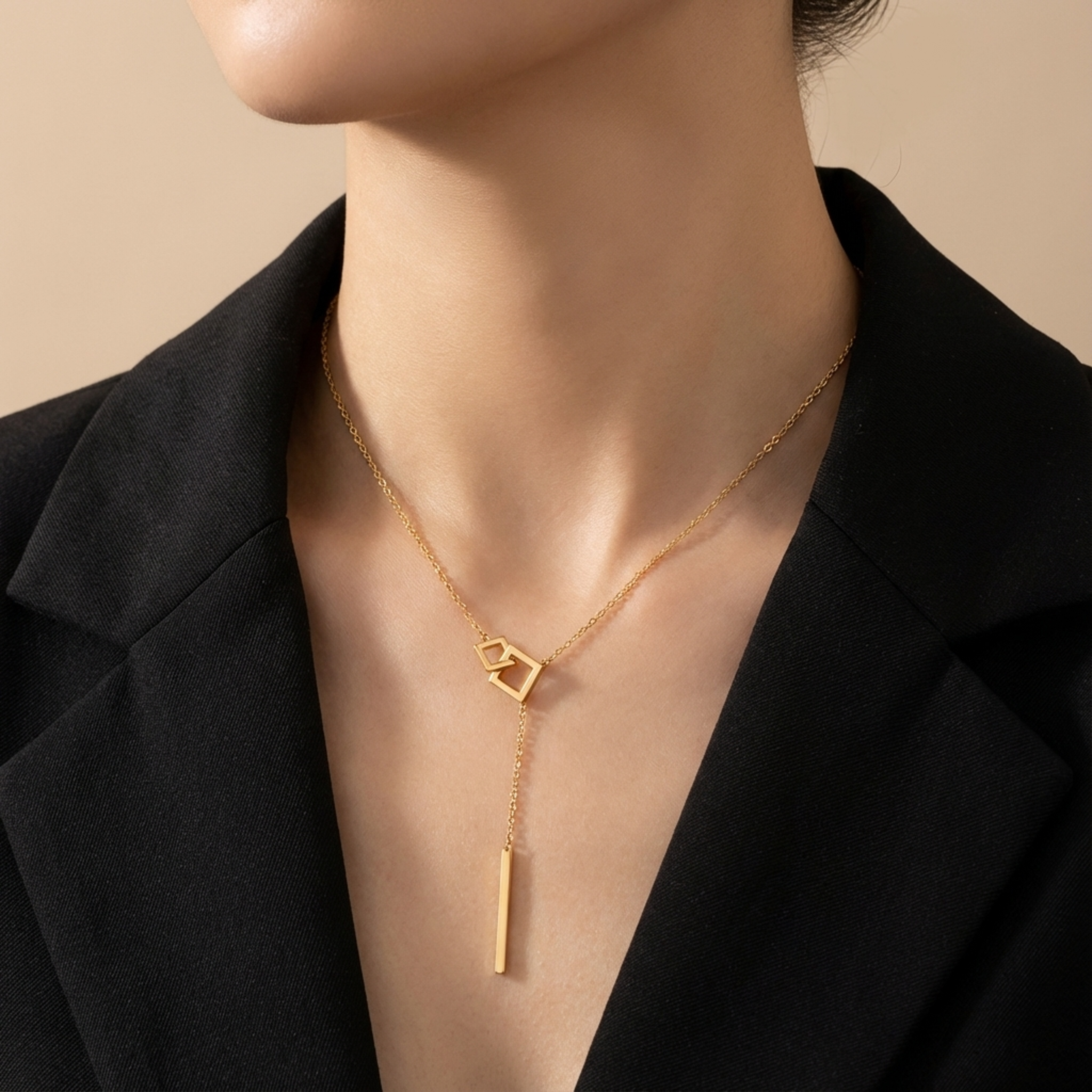 The Geo-Link Lariat Necklace – Interlocking Squares & Bar Drop
